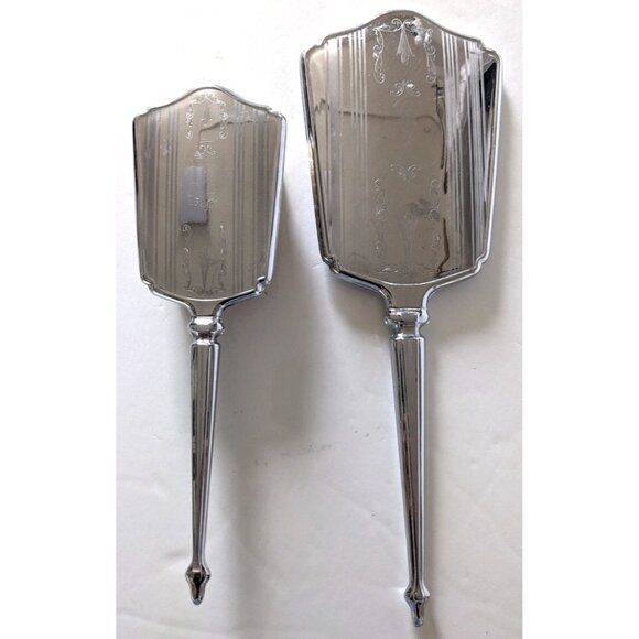 Vintage 1920-50 Vanity Mirror Brush Set Stainless Steel Etched Art Deco 13 In. - Picture 1 of 9